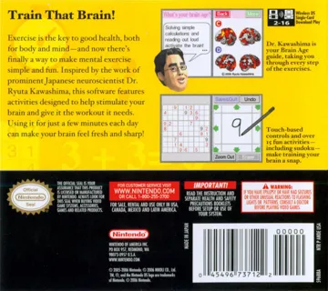 Brain Age - Train Your Brain in Minutes a Day! (USA) (Rev 1) box cover back